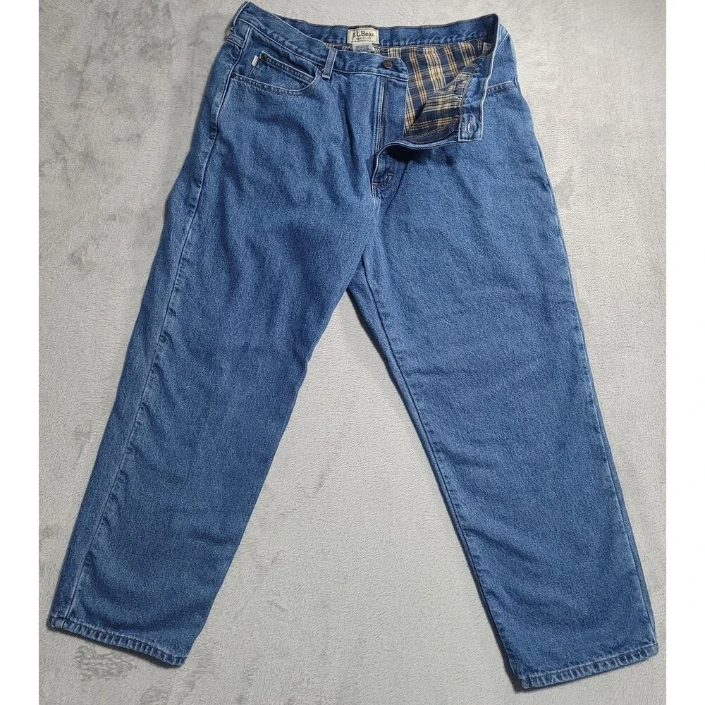 L.L.Bean Relaxed Fit Flannel Lined Jeans Mens 38x30 Blue Med Wash Denim Cotton